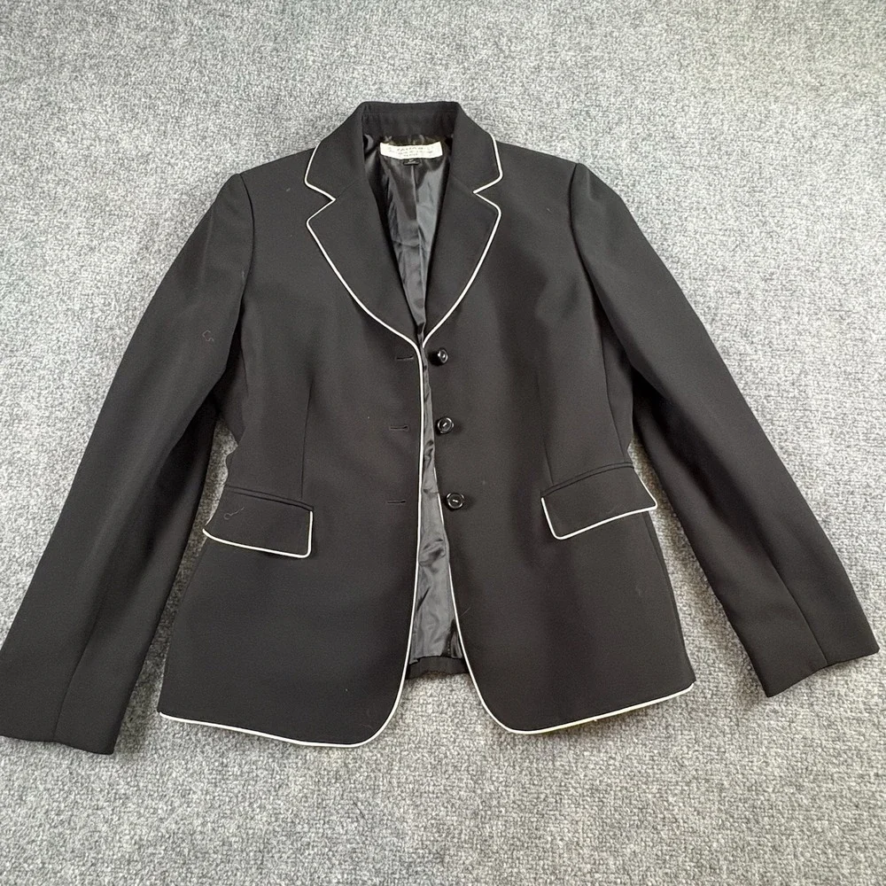Tahari Arthur S Levine Womens 6P Black Blazer White Piping Preppy Career Office‎